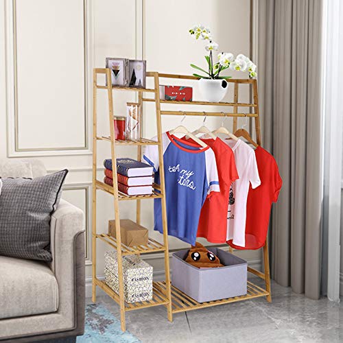 Duseedik Bamboo Wood Garment Rack, 6 Tier Clothing Hanging Storage Shelves Rack with Side Hooks for Cloth Shoe Coat Storage Organizer Shelf (Bamboo Garment Rack)