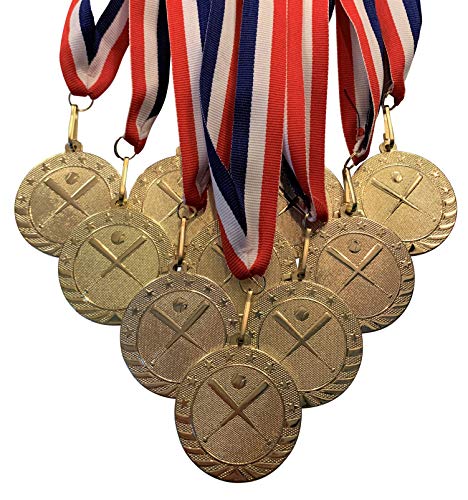 Solid Metal Baseball Medals and Red White and Blue Neck Ribbons. (Pack of 10)