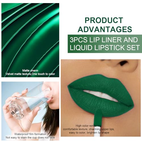 Image of evpct 3Pcs Green Matte Shimmer Lip Liner & Liquid Lipsticks Stain Makeup Set for Women, Green Lip Liner Stain Long Lasting Waterproof Smudge Proof, Cruelty Free Lip Sticks Makeup 24 hours originales