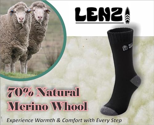 LENZI - Socks - 2 Pairs Crew Merino Wool Hiking Socks - Thermal Cushioned Footbed - Moisture-wicking Warm Winter Boot Socks for Men and Women Itch-free Elastic Fit3