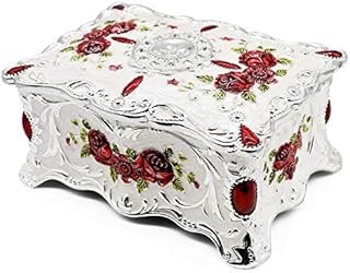 AVESON Luxury Vintage Rectangle Metal Alloy Jewelry Box Trinket Organizer Storage Box with Rose Pattern for Women, Girls, Two-Layer Design, White & Red