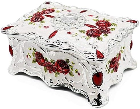 AVESON Luxury Vintage Rectangle Metal Alloy Jewelry Box Trinket Organizer Storage Box with Rose Pattern for Women, Girls, Two-Layer Design, White & Red