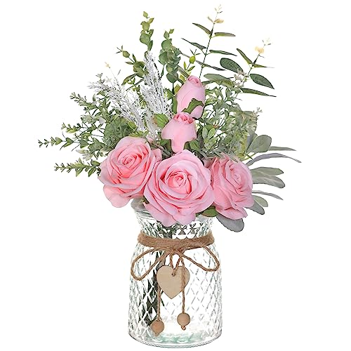 VIERENA 14.5' Artificial Silk Roses with Vase for Home Decoration (Pink)
