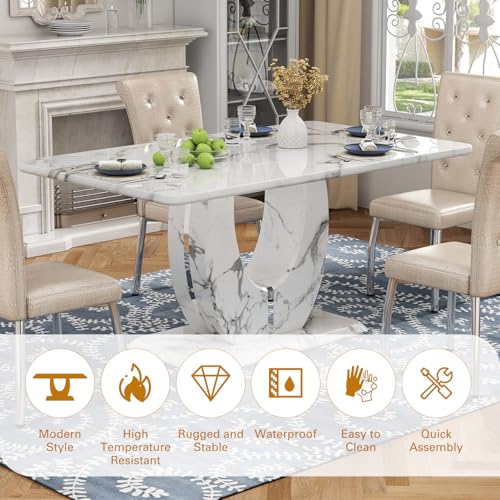JUFU 63-Inch Faux Marble Dining Table Set for 6, Beige Chairs, Silver Legs - Image 4