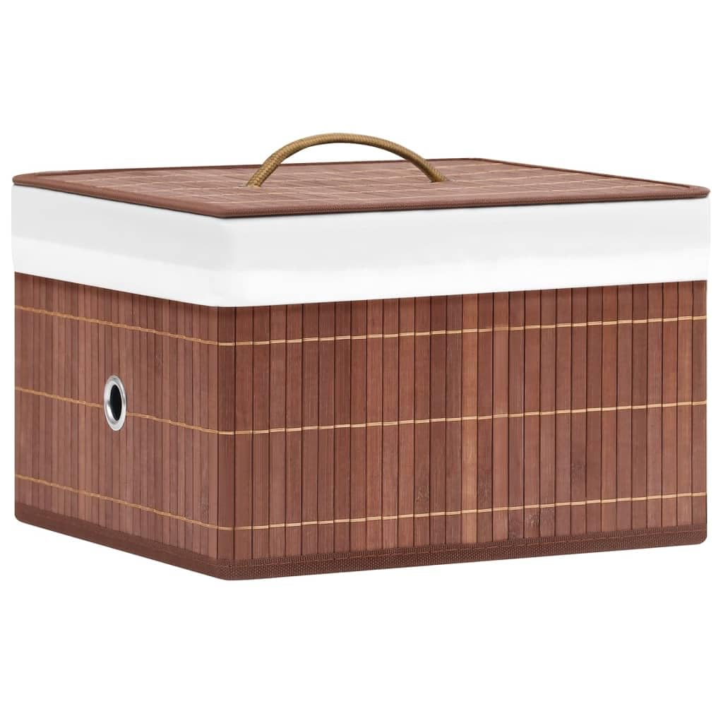4 Stück faltbare Bambus Aufbewahrungsboxen mit Öse, braun, aus Bambus und gewebtem Stoff, ideal für Schals, Socken und Unterwäsche, platzsparend zusammenfaltbar für Regale