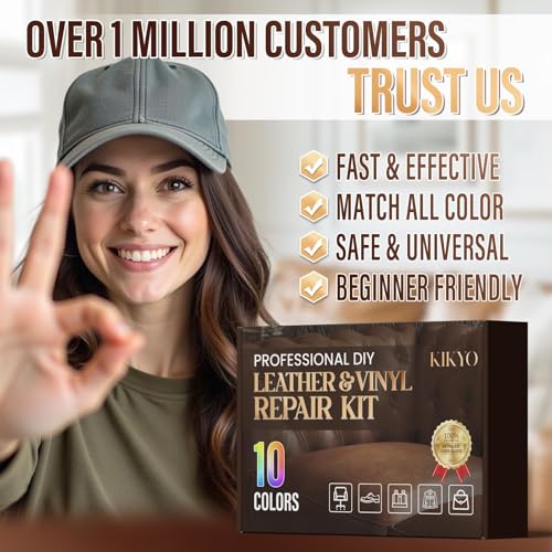 KIKYO Leather & Vinyl Repair Kit, Easily Fix Scratches, Tears, and Holes on Car Seat, Dash, Jacket, Shoe, Furniture, Sofa, Couch Upholstery, Simple Color Match for PU, Genuine & Faux Leather