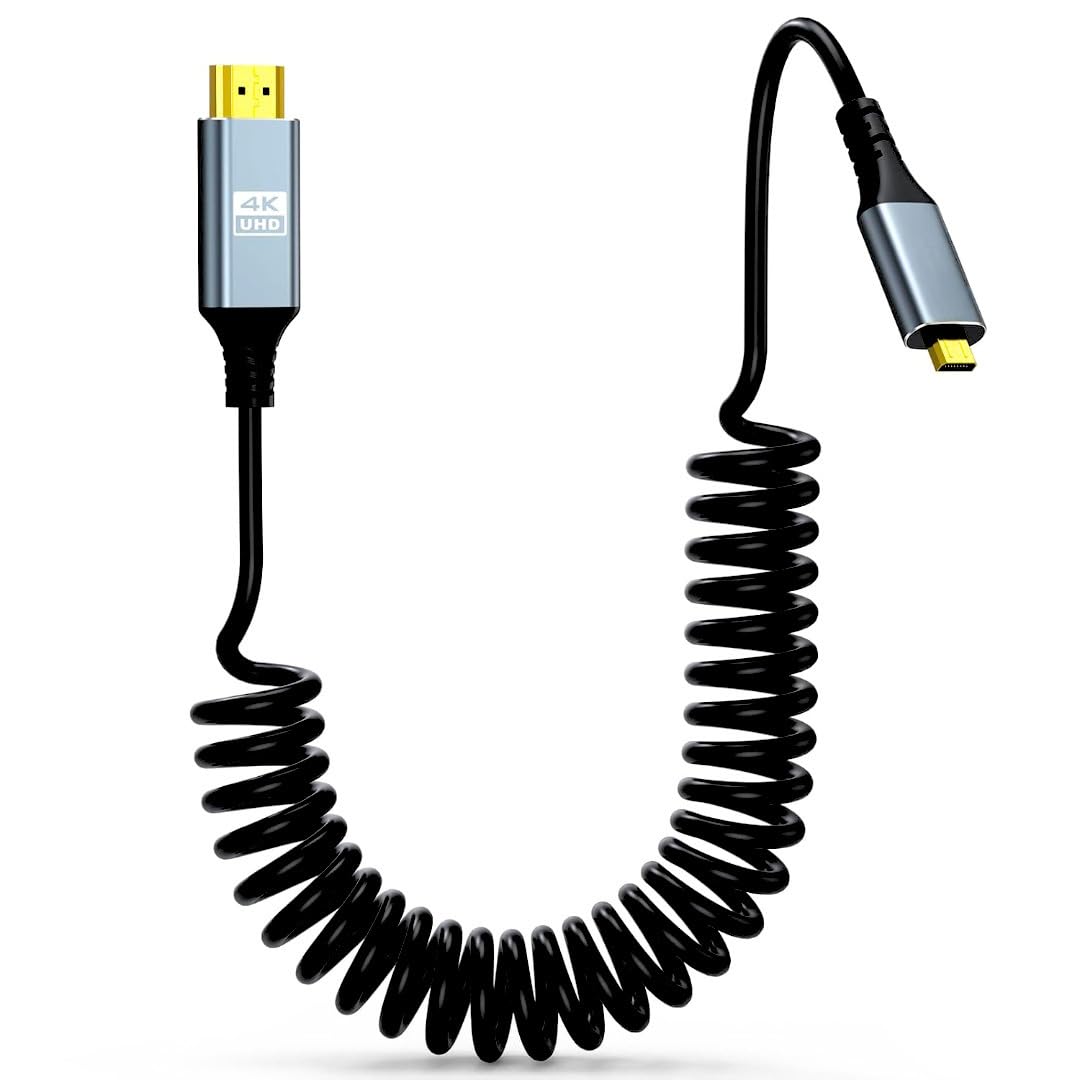 xikkart 4k micro hdmi to hdmi cable 1.5 meter, coiled high speed hdtv cable, 4k@60hz 18gbps, micro type d to hdtv cable for camera, camcorder, raspberry pi 5/4, monitor, tv