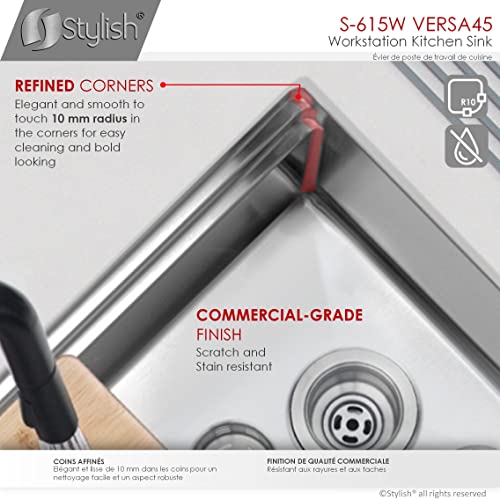 Stylish 45 Inch X 19 Inch Stainless Steel Double Bowl Undermount 16G Workstation Reversible Ledge Kitchen Sink With Basket Strainer, Grids, Drying Rack,Cutting Board,Serving Boards And Colander S-615W #TOP3