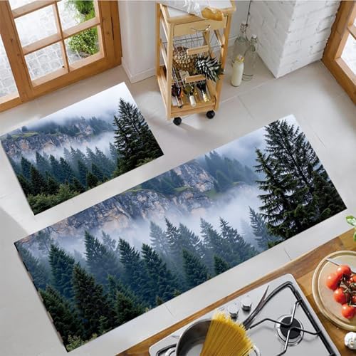 Alfombra de cocina antideslizante de dos piezas con diseño lavable de bosque 4