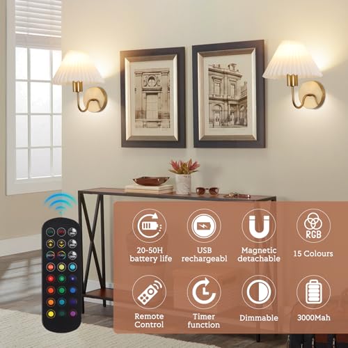 Image of Wireless Wall Sconce Sets of 2, Pleated Shades Rechargeable Battery Operated Wall Sconce, Retro gooseneck Gold Wall Lights Bathroom Vanity Sconces, Wall Mounted Lamps for Bedroom Living Room Kitchen