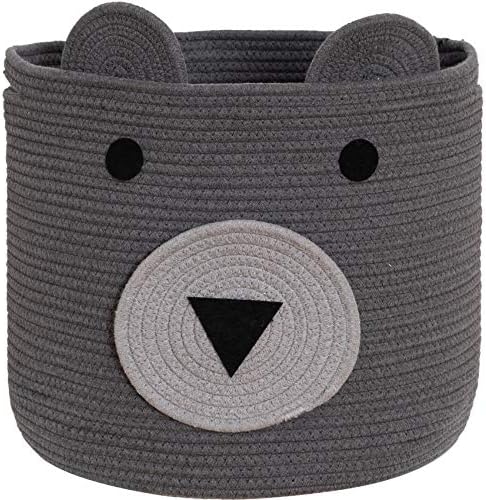 VK Living Cotton Rope Bear Animal Basket Foldable Large Woven Storage Basket Baby Nursery Cute Laundry Hamper for Toys,Blanket,Clothes in Bedroom Living Room Large Baskets 14x14 Grey