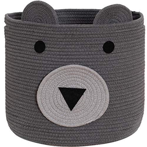 VK VK·LIVING Cotton Rope Bear Animal Basket Foldable Large Woven Storage Basket Baby Nursery Cute Laundry Hamper for Toys, Blanket, Clothes in Bedroom Living Room Toy Box for Baby 14x14 Grey