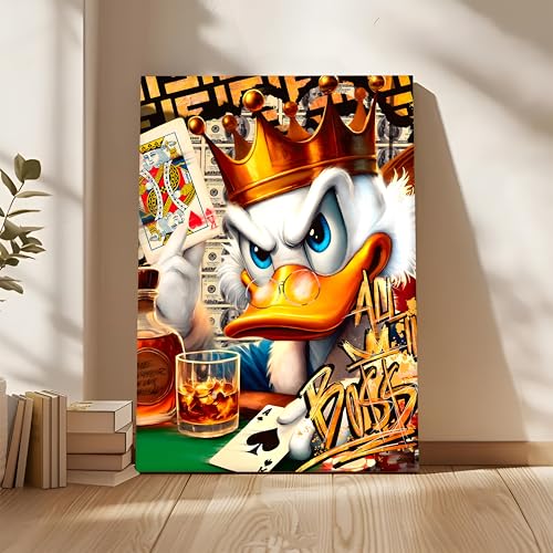 Image of Luxury Pop Art Duck King Canvas Wall Art Painting For Living Room Casino Royal Graffiti Art Painting Modern Money, Poker & Crown Theme Wall Decor, 56x86 cm