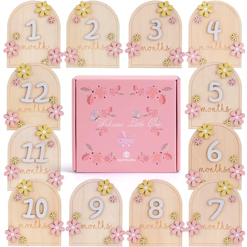 Image of Monthly Baby Milestone Signs - Baby Monthly Milestone Wooden Circles for 1-12 Month Photos & Gender Neutral Announcement Cards (Flower Ready-to-Use)