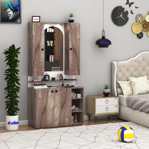 Image of Anikaa Opulex Engineered Wood Dressing Table with Mirror Cabinet, LED Lights, Storage Shelves & Back Panel - Wall Mounted Makeup Vanity & Organizer for Bedroom -(Coachwood /White) DIY Installation