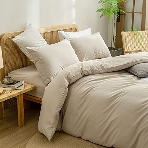 Bestouch Duvet Cover Set 100% Washed Cotton Linen Feel Super Soft Comfortable Chic Lightweight 3 Pcs Home Bedding Set Solid Almond Milk Grey Queen thumb #1