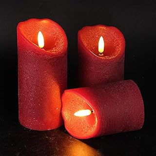 Eldnacele Red Flameless LED Candles, Battery Operated 3D Wick Pillar Candles with 6hrs Timer, Real Wax Warm White Flickering Light Set of 3 for Wedding Christmas Bedroom Decoration (D3 x H456)