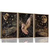 ZZTCYSU Framed Wall Art Celestial Decor Set of 3 Moon Stars Wall Art Vintage Print Gothic Paintin...