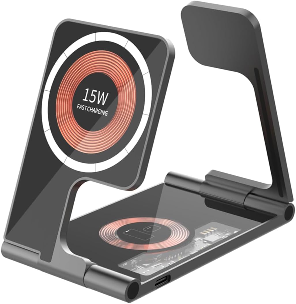 3-in-1 Magnetic Wireless Charging Station Metal – Dual 15W Fast Charging, Foldable & Ultra-Slim for Travel, Office, and Home Compatible with iPhone/Apple Watch/AirPods