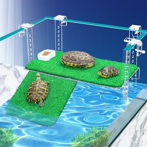 Image of Turtle Basking Platform with Artificial Grass & Adjustable Ramp Non-Slip Large Dock for Aquatic Turtles Fits 0.31 inch-2.11 inch Thick Tanks Durable Acrylic Turtle Tank Accessories 15 Inch