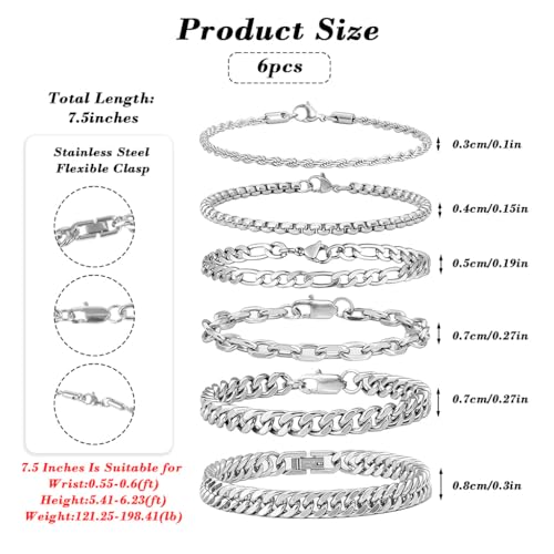 Image of SANNIDHI 6Pcs Bracelet for Man Women Silver Stainless Steel Cuban Link Men Bracelet Metal Rope Paperclip Stackable Bracelets Set Birthday Valentine's Day Gifts for Men