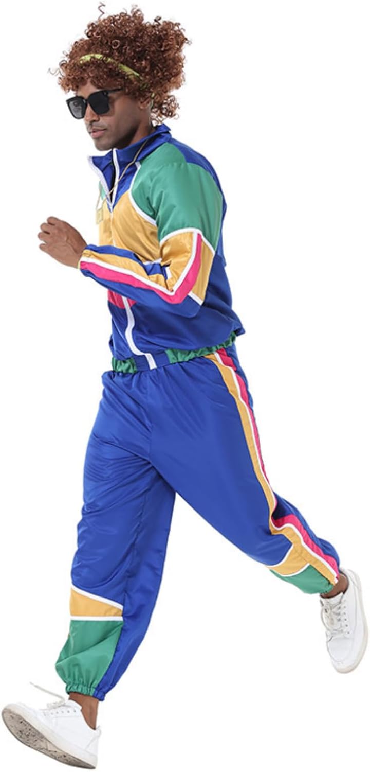 80s Outfit Men Tracksuit Costumes Hip Hop Sports Suit Colorblock Jacket Outfits Carnival Set - Image 3