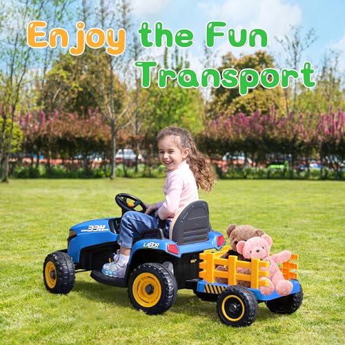 Image of ANPABO 24V Ride On Tractor for Kids w /Detachable Trailer, EVA Tires, Blue