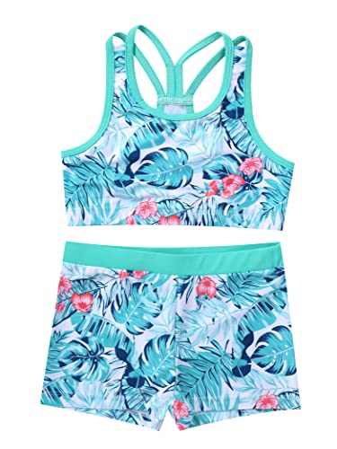Kids Girls 2 Piece Sports Gymnastics Dance Outfits Crop Tank Top with Booty Shorts Active Workout Sets Turquoise 10 Years3