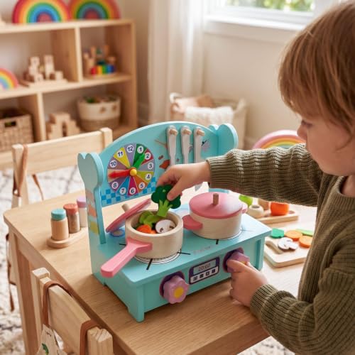 Image of Cute & Stylish Real Wooden Pretend Play Kitchen Set for Kids with Cooking Accessories Montessori Educational Toy Kitchen Playset for Boys Girls and Toddlers