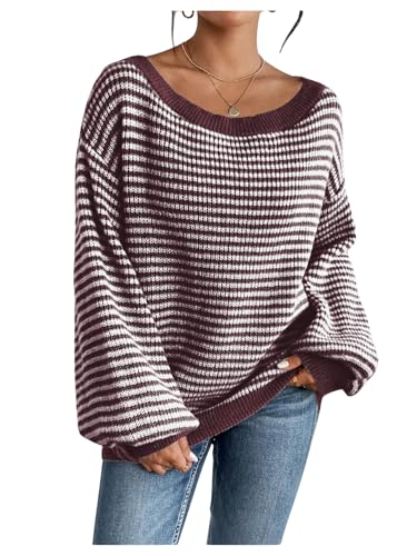SOLY HUX Women's Off The Shoulder Striped Sweaters Oversized Long Sleeve Knit Pullover Tops