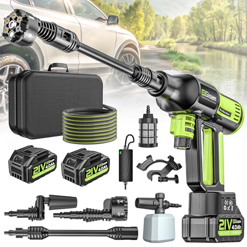 highsam Pressure Washer Nettoyeur Haute Pression sans Fil 4 Vitesses Max. 120 Bar avec 2 Batteries 4,0 Ah, buse rotative 6 en 1 et 180 °,Tuyau De 5...