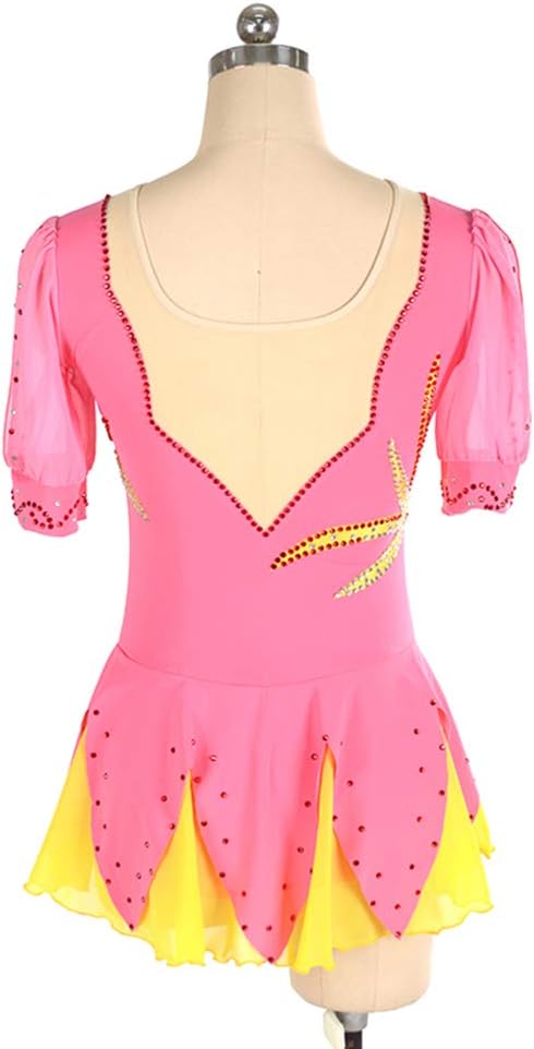 Ice Figure Skating Dress for Girls Ladies Long-Sleeved Beaded Roller Skating Skirt Leaf Pattern Pink and Yellow
