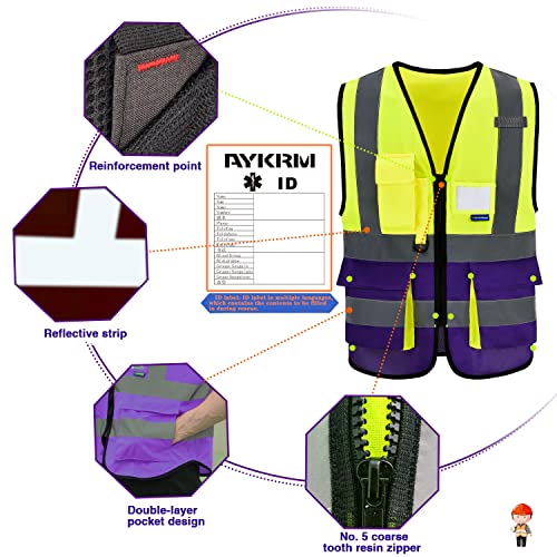Image of Reflective Construction Vest, 7 Pockets, Zipper, Yellow /Purple, L | Yellow /Purple L work vest with reflective strips, mic tabs and 7 pockets for specialized technicians and laboratory work.