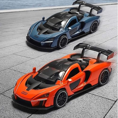 Image of 1:28 Scale McLaren Senna Car Toy Alloy Metal Die-Cast Supercar Model with Openable Doors, Lights & Sound, Pull-Back Sports Car Toy for Kids, Boys & Collectors - Gift Item (Orange)