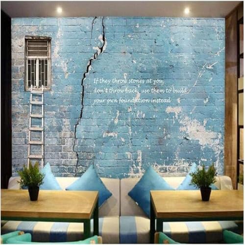 XLMING Retro Arte Azul Pared De Ladrillo Ventana Escalera De Madera 3D Papel Pintado Tapiz Textura de Seda Oficina Comedor Sofá Dormitorio Sala Estar TV Fondo Pantalla-150cm×105cm