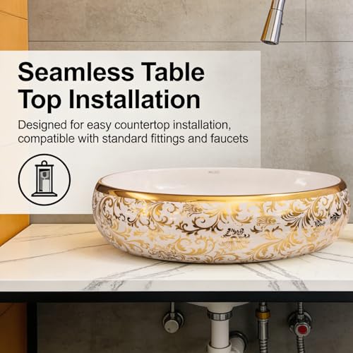 Image of Wallace Premium Countertop Wash Basin 60x40x15 cm | Oval Ceramic Table Top Sink | White Interior with Royal Gold Floral Pattern | Luxury Designer Vanity Wash Bowl