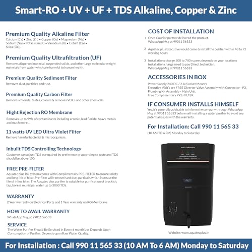 Image of Aquatec Plus Smart - 12 L RO+UV+UF+TDS Control + Alkaline + Copper + Zinc Water Purifier (Black) Works up to 3000 TDS