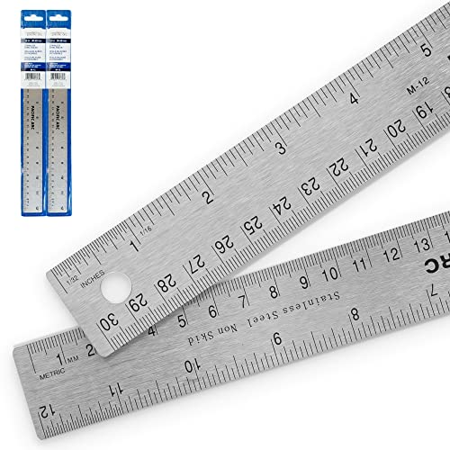 2 Pack Pacific Arc Stainless Steel 12 Inch Metal Ruler Non-Slip Cork Back, with Inch and Metric Graduations