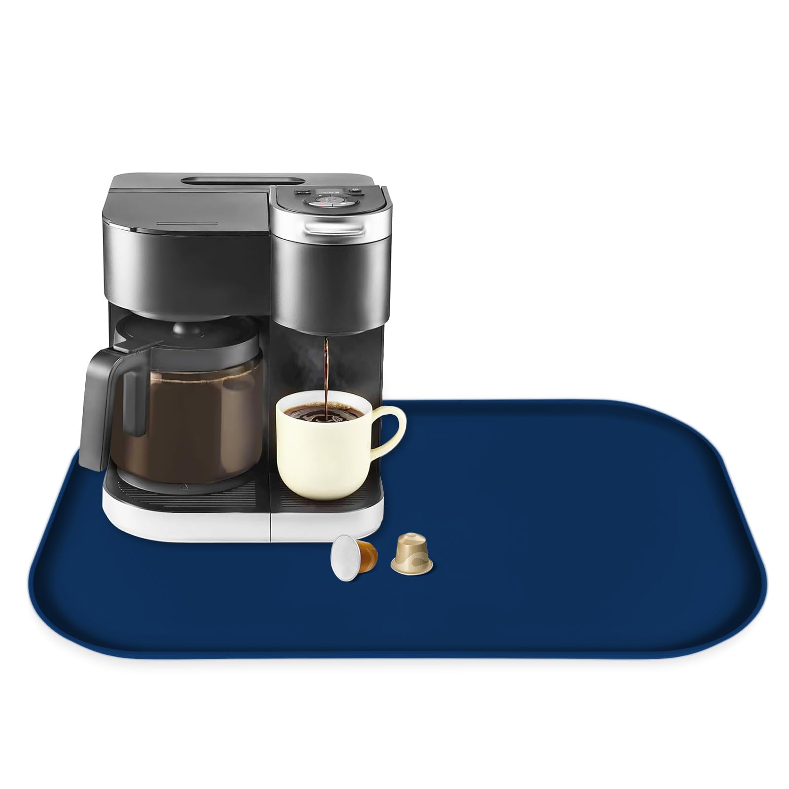 Silicone Coffee Maker Mat with Lip for Countertops, 24'' x 16'' Navy Blue