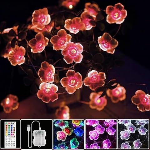 OMIKA Multicolor Flower Lights Cherry Blossom String Lights Battery Operated & USB Powered, 13ft 40LED Fairy Lights with Remote Timer Decorative Lights for Nursery Girls Bedroom Dorm Wedding Décor Cover