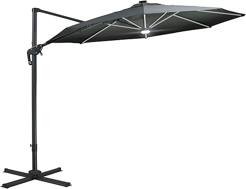 Outsunny Sombrilla solar LED voladiza de 10 pies para patio, sombrilla de aluminio para colgar al aire libre con rotación de 360 grados, luces,