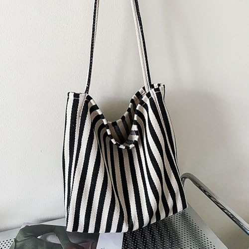 Shopping Bag Large Capacity Handbag Underarm Portable Striped Female Totes(black)4