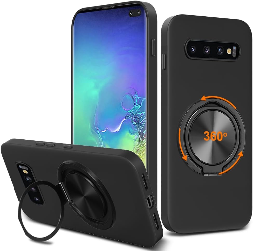 Compatible for Samsung Galaxy S10 Plus Phone Case, 360° Rotatable Ring Holder Kickstand/Stand Silicone TPU Silm Fit Shockproof Protective Cover Case for Samsung Galaxy S10+ Plus- Black