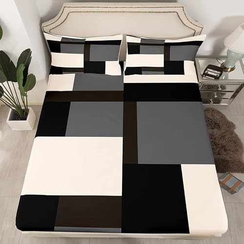 Geometry Sheet Set For Girls Boys Kids Geometric Square Pattern Sheets With Deep Pocket Fitted Sheet Room Decorative Modern Bed Sheets Set Abstract Art Black Grey Bedding Set Room Decor Full Size #TOP3