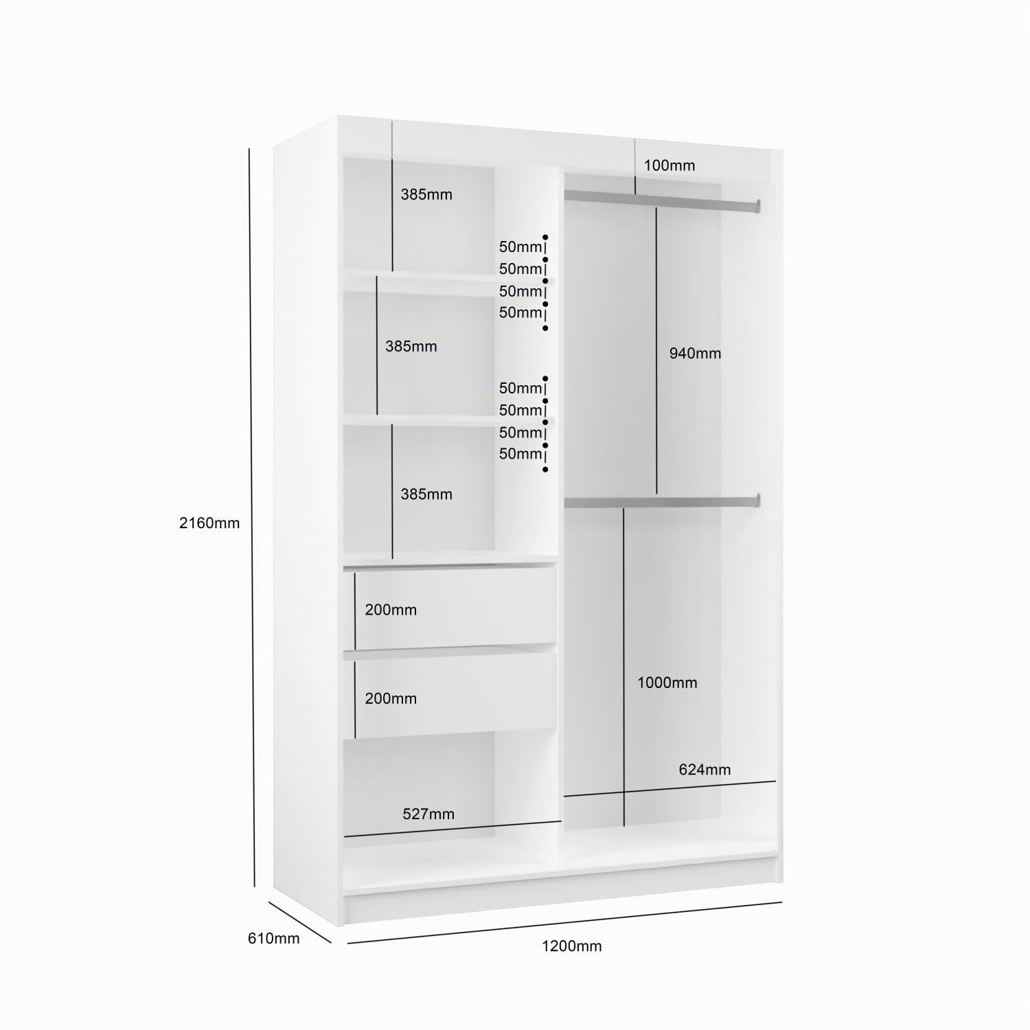 Kleiderschrank Erika mit Lamellen ohne Spiegel, Organizer, Mehrzweckschrank, Schwebetürenschrank, Garderobenschrank, Kleiderstange, Kleiderständer, Flurschrank, 120 cm, braun, schwarz