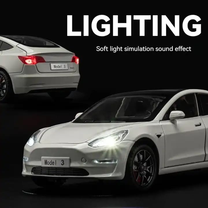 Image of 1:24 Scale Big Size Tesla Model 3 Toy Car | Metal Pullback Diecast Car for Kids with Openable Doors, Sound, Light Effects Toy for Car Enthusiasts (Color As Per Available), Black