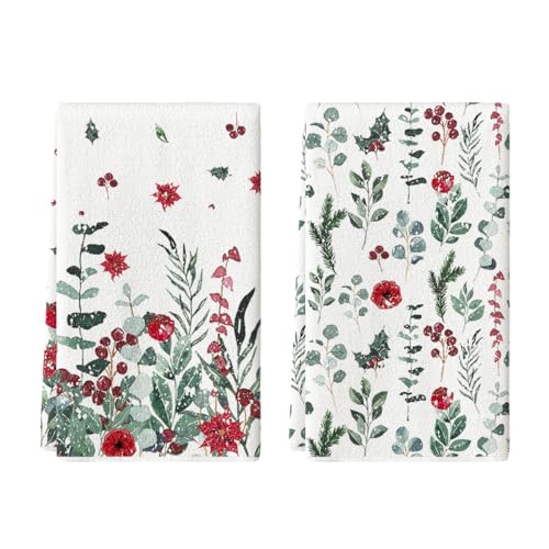 Artoid Mode Holly Poinsettia Flower Winter Kitchen Towels Dish Towels, 18x26 Inch Farmhouse Holiday Decoration Cleaning Set of 2