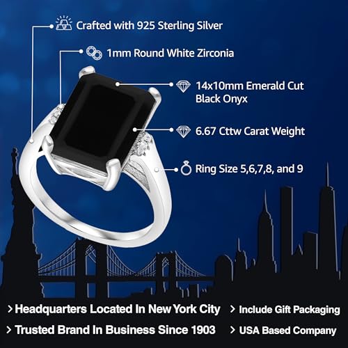 Gem Stone King 6.67 Cttw Black Onyx Engagement Ring For Women | 925 Sterling Silver | Emerald Cut 14X10MM | Gemstone Birthstone | Available in size 5, 6, 7, 8, 92