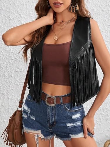 Women Tassel Vest 70s Hippie Vest Sleeveless PU Fringe Open Front Faux Suede Waistcoat Western Hippie Jacket Cardigan2