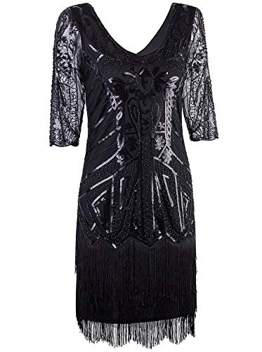 Vijiv Women's 1920s Flapper Dress V Neck Beaded Art Deco Tassel Cocktail Dresses with Sleeves2